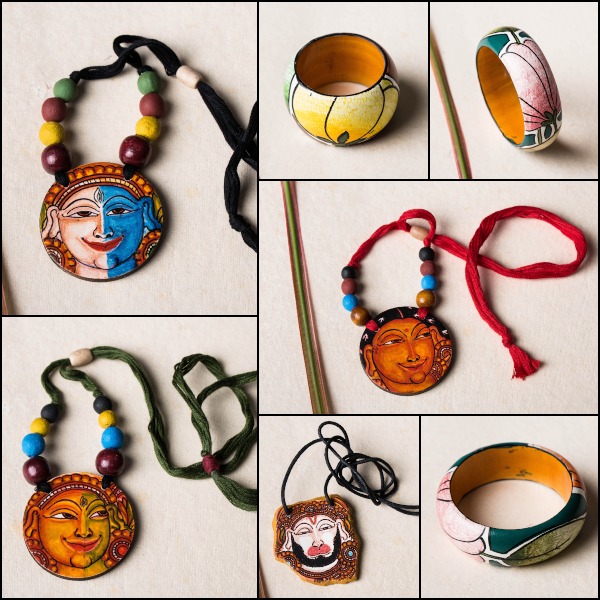 Kerala Mural Hand Painted Wooden Necklaces & Bangles by Sujith