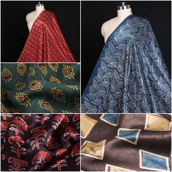 Special Ajrakh Hand Block Printed Modal Silk & Mashroo Silk Fabrics from Kutch