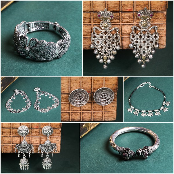 Antique Finish German Silver jewelry - Bangles, Anklets, Jhumki Earrings