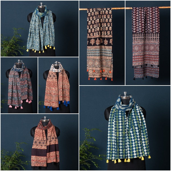 Ajrakh Hand Block Printed Patch Artwork Cotton Stoles