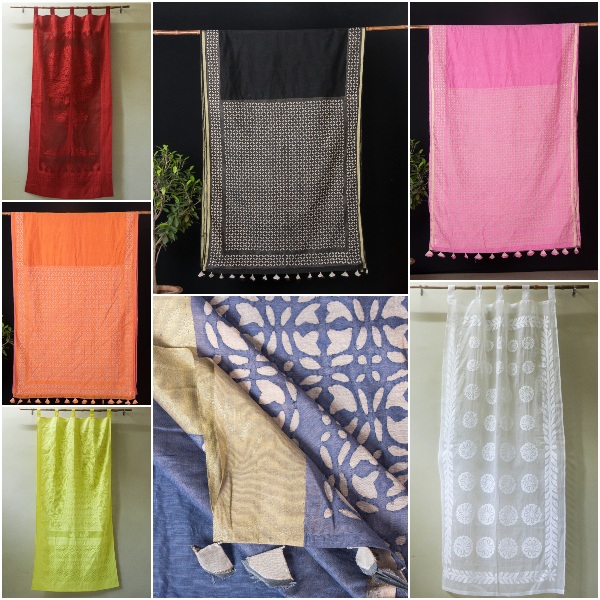 Barmer Applique Cut Work Door & Window Curtains & Chanderi Silk Sarees by GVCS