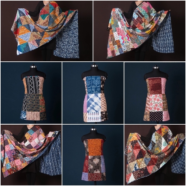 Patchwork Hand Printed Cotton Kurta Materials & Dupattas by Noori Bazar