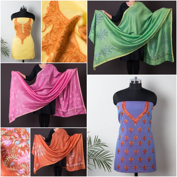 Kashidakari Hand Embroidery Kurta Materials & Dupattas by Zahoor from Kashmir