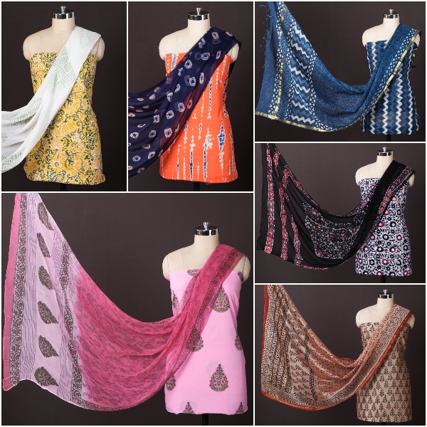 3pc Matching Block Printed & Shibori Suit Material Sets in Chanderi Silk, Cotton & Kota Doria