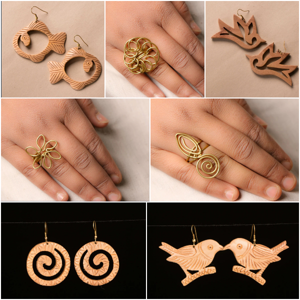 Hand Carved Wooden Earrings & Jhilmil Wire Art Brass Rings