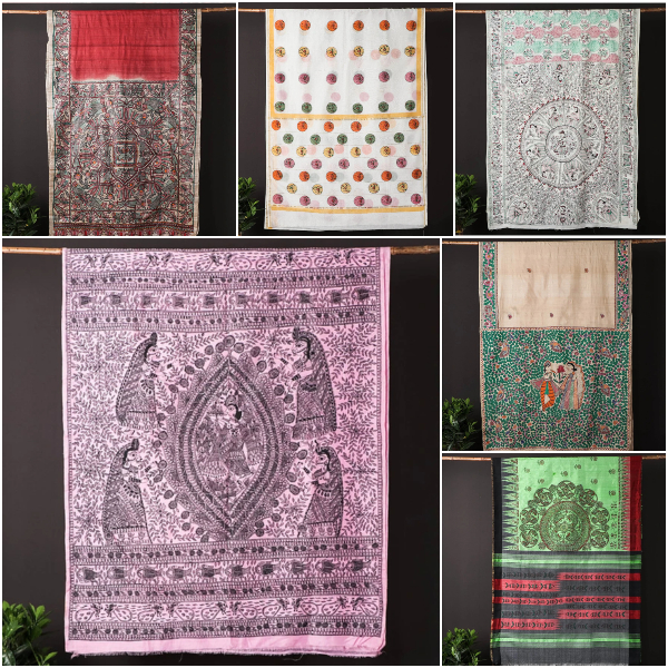 Traditional Madhubani Handpainted Chanderi, Tussar & Pure Silk Handloom Sarees by Roots Tale