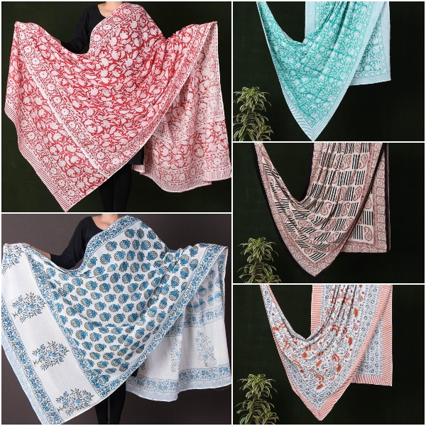 Sanganeri Block Printed Mul Cotton Dupattas/ Wrap Sarongs by Deepak Chhipa