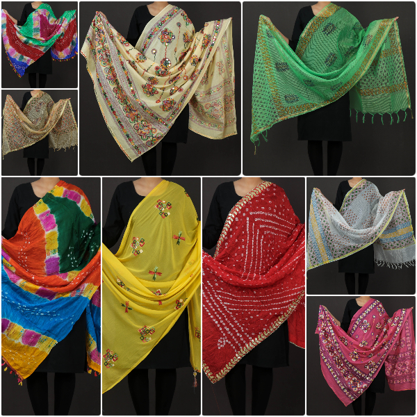 Jaipur Printed Bandhej & Thread Work Silk, Chiffon & Cotton Dupattas