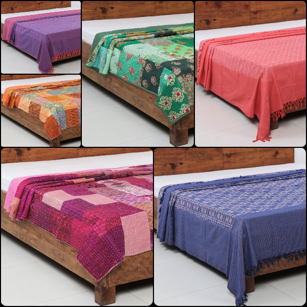 Pure Handloom Bedcovers & Khambadiya Kantha Work Quilts